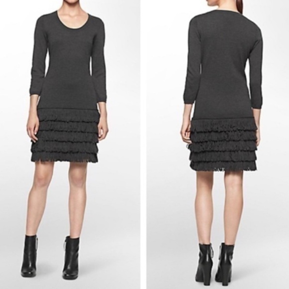 Calvin Klein Charcoal Grey Fringe Sweater Dress M